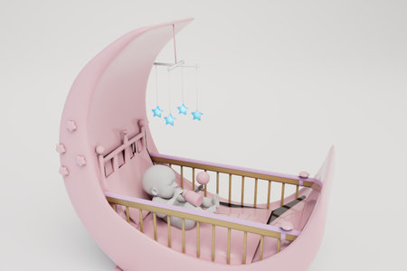 an infant in a monthly crib with a bottle of milk and a musical toy on a pastel background. 3D rendering.の写真素材