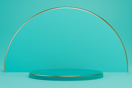a round podium for placing products on a turquoise background on which a golden arch. 3D rendering.の写真素材