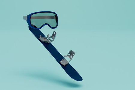 the concept of winter sports. snowboard and protective mask on a turquoise background. 3D rendering.の写真素材