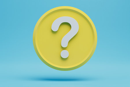 a round yellow icon with a white question mark on a blue background. 3D rendering.