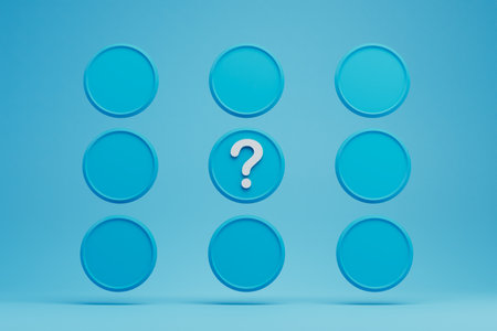 round blank icons to place blue text in the middle of an icon with a question mark. copy paste, copy space. 3D rendering.の写真素材
