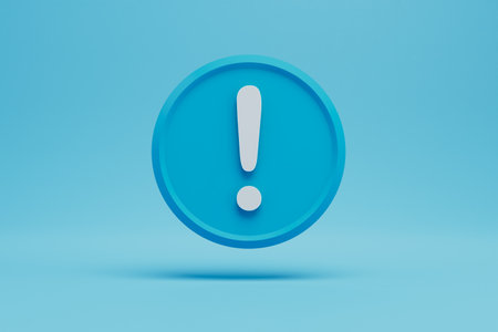 a round blue icon with a white exclamation mark on a blue background. 3D rendering.の写真素材