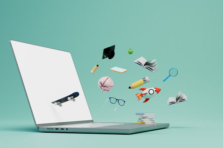 the concept of online learning. laptop and training supplies on a turquoise background. 3D...