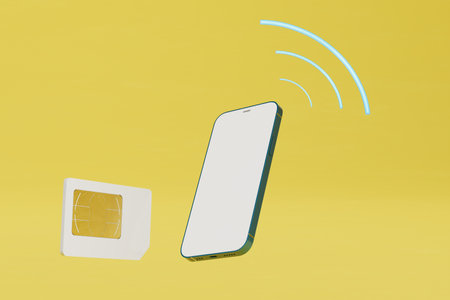 mobile internet connection. smartphone, SIM card and Wi-Fi icon on a yellow background. 3D...
