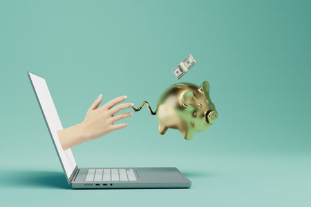 the concept of online earnings. laptop from which sticks out a hand and piggy bank with a wad of dollars. 3D rendering.の写真素材