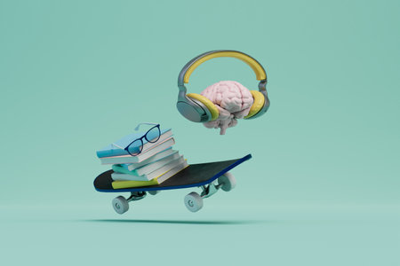 modern concept of training. brain in headphones, books, glasses on a skateboard on a turquoise...