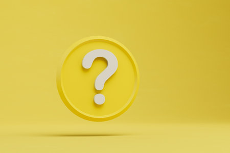 a round yellow icon with a white question mark on a yellow background. 3D rendering.の写真素材