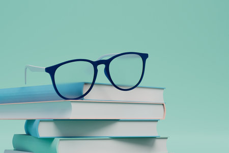 the concept of education and reading books. books with glasses on a turquoise background. 3D...