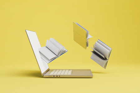 e-book reading, online education. notes and books on a yellow background. 3D rendering.