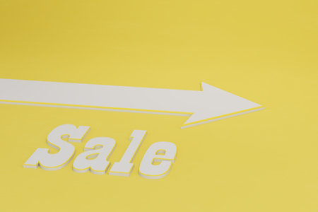 the concept of the sale. arrow and inscription white sale on a yellow background. copy paste, copy space. 3D rendering.の写真素材