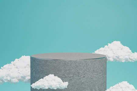 a round podium for placing products among the clouds on a turquoise background. copy-paste. 3D rendering.の写真素材