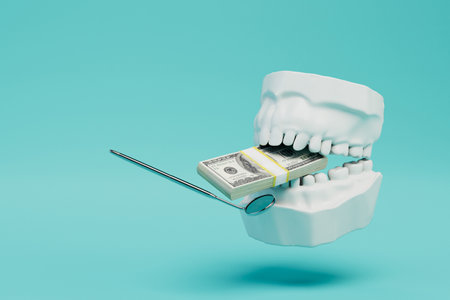 expensive treatment at the dentist. Jaw model with a stack of dollars between the teeth and a dental speculum. 3D rendering.の写真素材