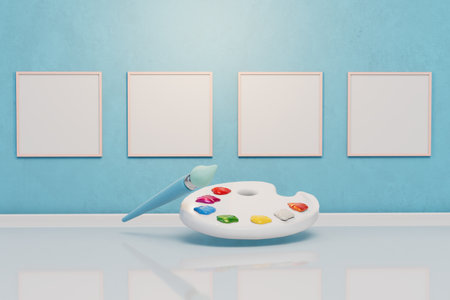 the concept of drawing pictures. paint palette and brush in front of empty picture frames. copy-paste. 3D rendering.の写真素材