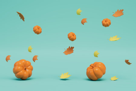 pumpkin season. pumpkins and leaves flying on a turquoise background. 3D rendering.の写真素材