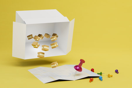 delivery of parcels to the address. parcels falling out of the box and a map with buttons to the addresses. 3D rendering.の写真素材