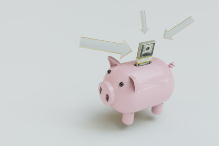 white arrows on a white background pointing to a piggy bank with a wad of dollars. 3D rendering.の写真素材