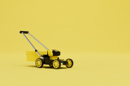 the lawnmower is yellow on a yellow background. copy paste, copy space. 3D rendering.の写真素材