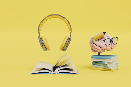 educational audiobooks. headphones, brain and books on a yellow background. 3D rendering.の写真素材