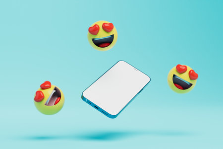 correspondence in social networks. smartphone around which are yellow smiling emoticons with eyes hearts. 3D rendering.の写真素材