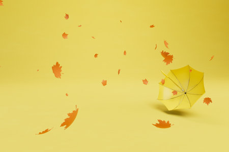 rainy windy autumn. an umbrella and leaves flying across a yellow background. 3D rendering.の写真素材