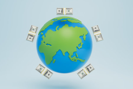 sale of natural resources. a planet around which are bundles of dollars on a white background. 3D rendering.の写真素材