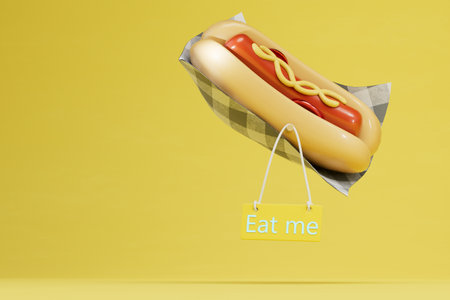 Hot Dog on a yellow background with a sign that reads me in neon. copy paste, copy space. 3D rendering.の写真素材
