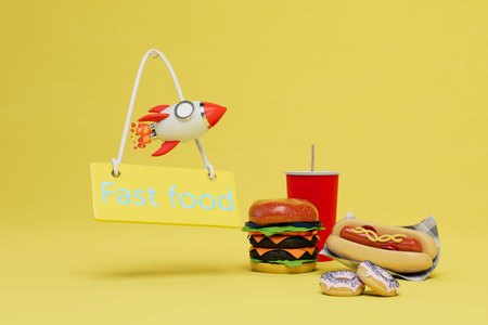 quick addiction to fast food. a burger, a hotdog, donuts, a cola next to a fast food sign and a flying rocket. 3D rendering.の写真素材