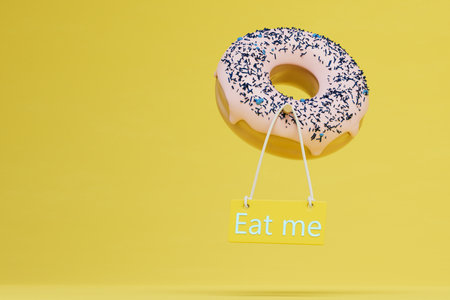 a beautiful donut with a sprinkling and a sign with the inscription eat me highlighted with neon. 3D...