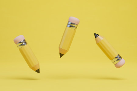 yellow pencils flying over a yellow background. 3D rendering.の写真素材