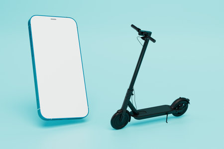 the concept of movement on an electric scooter. payment for traffic via smartphone. 3D rendering.の写真素材