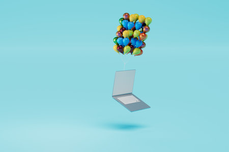 a laptop flying away on multi-colored balloons. copy paste, copy space. 3D rendering.の写真素材