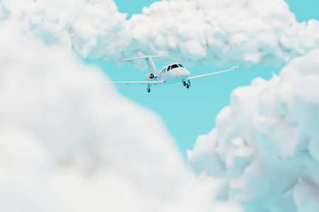 travel by plane. an airplane flying on a blue background among the clouds. 3D rendering.