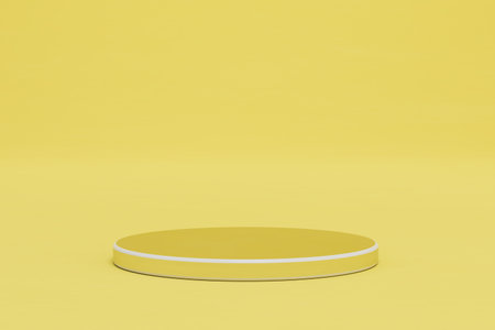 abstract background. A round blue podium to place products or text on a yellow background. 3D rendering.の写真素材