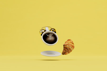 morning snack. a cup of coffee in the form of an alarm clock and a croissant on a yellow background....