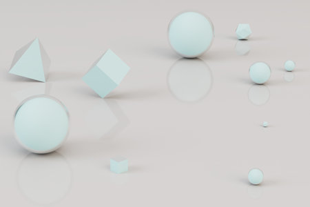 pastel background on which spheres, cubes and triangles fly apart. 3D rendering.の写真素材