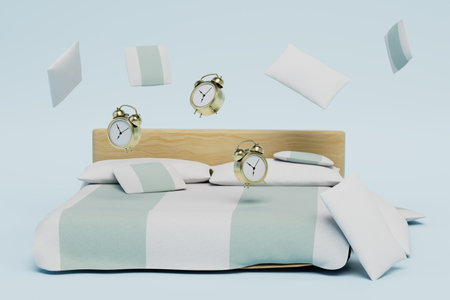 the concept of good morning. alarm clocks on the bed and pillows flying on the white background. 3D rendering.の写真素材