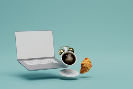 a laptop, a cup of coffee in the form of an alarm clock and a croissant on a blue background. 3D rendering.の写真素材