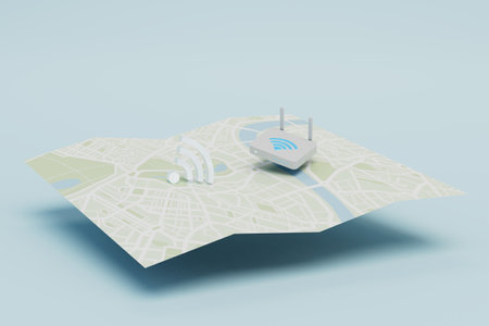 distribution of a Wi-Fi signal. a map with a toyaka location and a router with a Wi-Fi icon. 3D rendering.の写真素材
