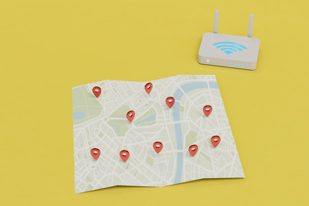 addresses on the map where you need Wi-Fi. map with jps points and router on a yellow background. 3D...