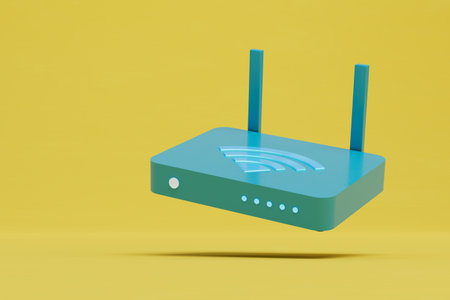 router for distributing the Wi-Fi signal. router with a Wi-Fi icon on a yellow background. 3D rendering.の写真素材