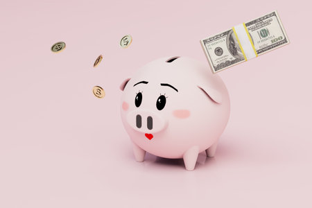 the concept of storing money at home. piggy bank with coins and a stack of dollars on a pastel background. 3D rendering.の写真素材