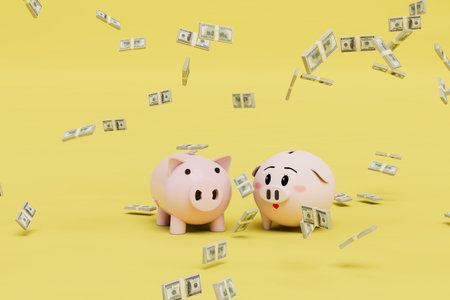 joint budget. piggy bank in the form of a man and a woman and dollars flying on a yellow background....