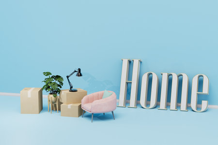 the concept of moving to a new home. things in boxes and the inscription house on a blue background. 3D rendering.の写真素材