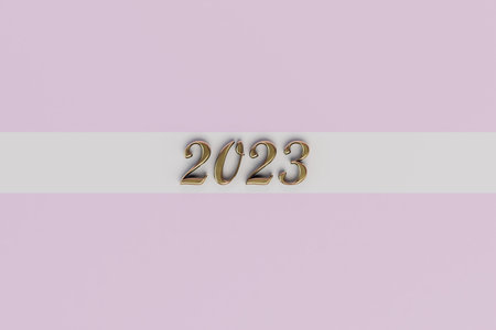 a white stripe with golden numerals 2023 on a pastel background. copy paste, copy space. 3D rendering.の写真素材