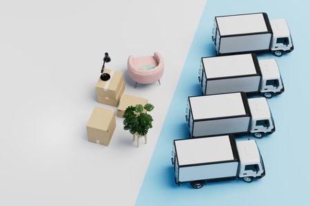the concept of moving. transportation of things by trucks. trucks on a blue background and boxes of things. 3D rendering.の写真素材