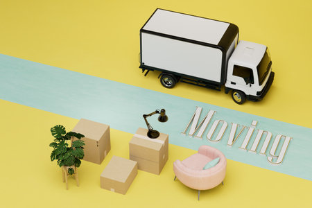 moving company services. boxes of things and a truck on a yellow background and the inscription moving. 3D rendering.の写真素材