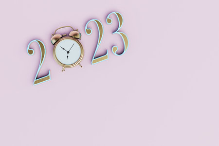 the expectation of 2023. the numbers 2023 and the alarm clock instead of the number 0 on a pastel...