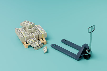 big money. a wooden pallet with cash dollars and a hydraulic loader on a blue background. 3D rendering.の写真素材