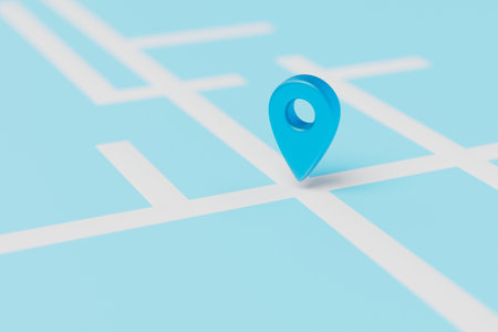 the location point of blue color indicated on the map. copy paste, copy space. 3D rendering.の写真素材
