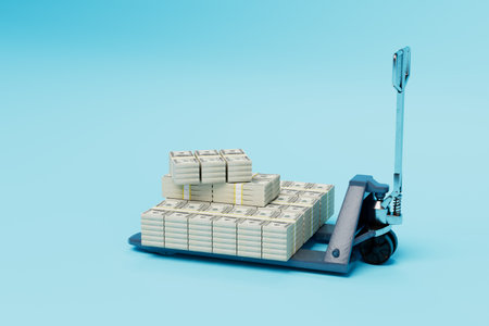 big money. Lots of cash dollars on a hydraulic forklift on a blue background. 3D rendering.